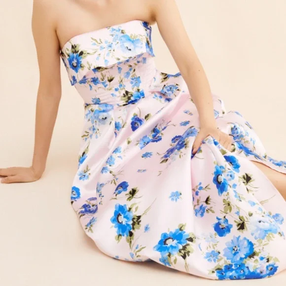 Anthropologie if By Sea Strapless Blue Floral Gown size Medium $129 - Picture 3 of 16